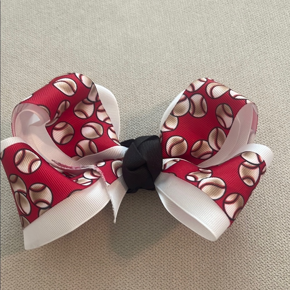 Baseball Print Red and White Hair Bow